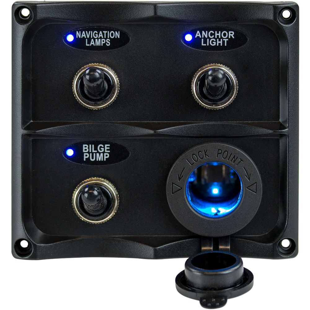 Sea-Dog Water Resistant Toggle Switch Panel w/LED Power Socket - 3 Toggle 7 77906XL