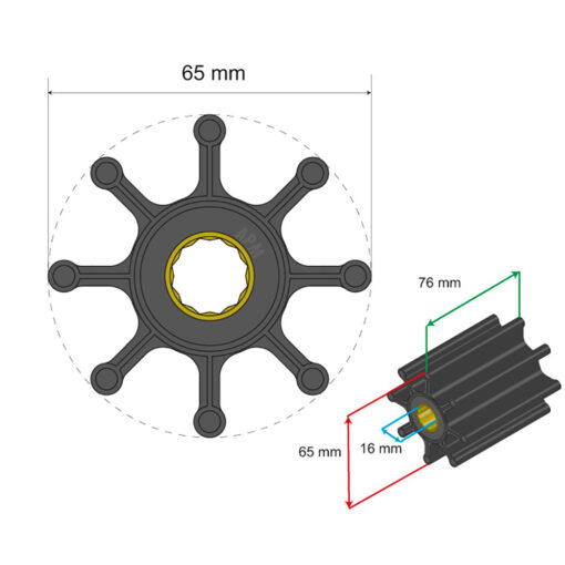 Albin Group Premium Impeller Kit 65 x 16 x 76mm - 8 Blade - Spline Insert - Image 2