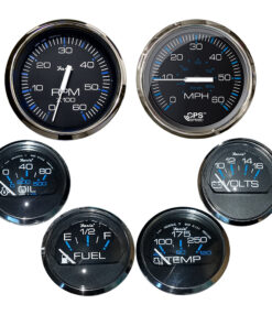 Faria Chesapeake Black w/Stainless Steel Bezel Boxed Set of 6 - Speed, Tach, Fuel Level, Voltmeter, Water Temperature & Oil PSI - Inboard Motors