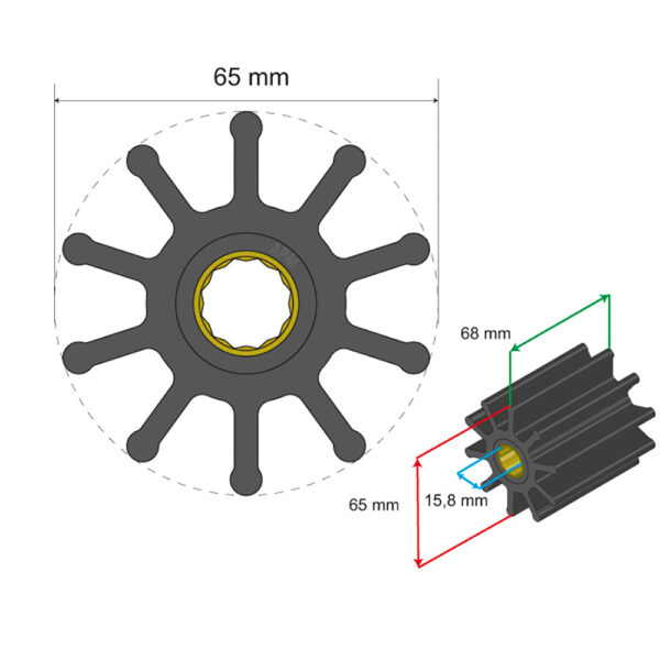 Albin Group Premium Impeller Kit 65 x 15.8 x 68mm - 10 Blade - Spline Insert - Image 2