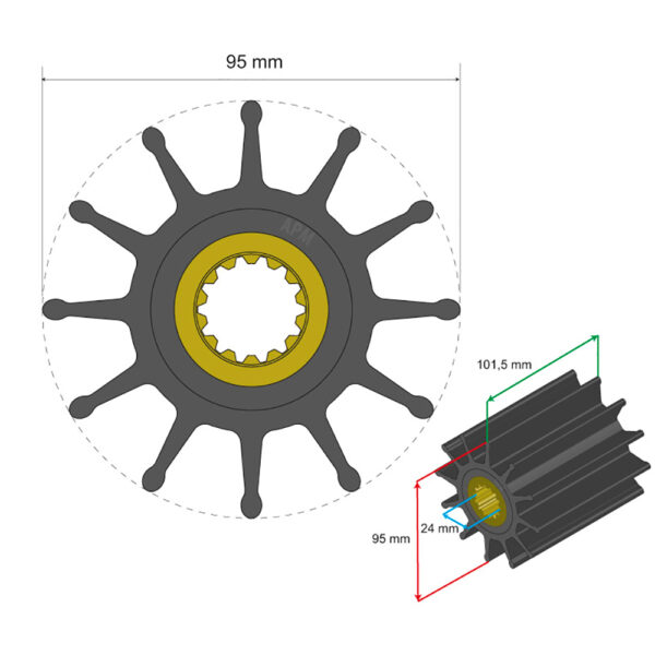 Albin Group Premium Impeller Kit 95 x 24 x 101.5mm - 12 Blade - Spline Insert - Image 2