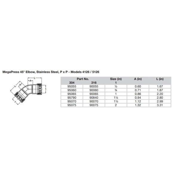 Viega MegaPress 1/2" 45° Stainless Steel 304 Elbow - Double Press Connection - Smart Connect Technology - Image 2