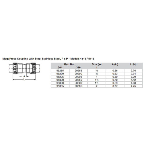 Viega MegaPress 1-1/2" Stainless Steel 304 Coupling w/Stop - Double Press Connection - Smart Connect Technology - Image 2