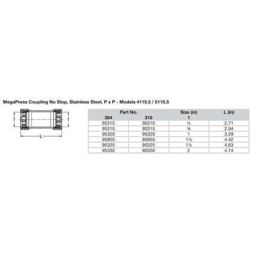 Viega MegaPress 1/2" Stainless Steel 304 Coupling w/o Stop - Double Press Connection - Smart Connect Technology - Image 2